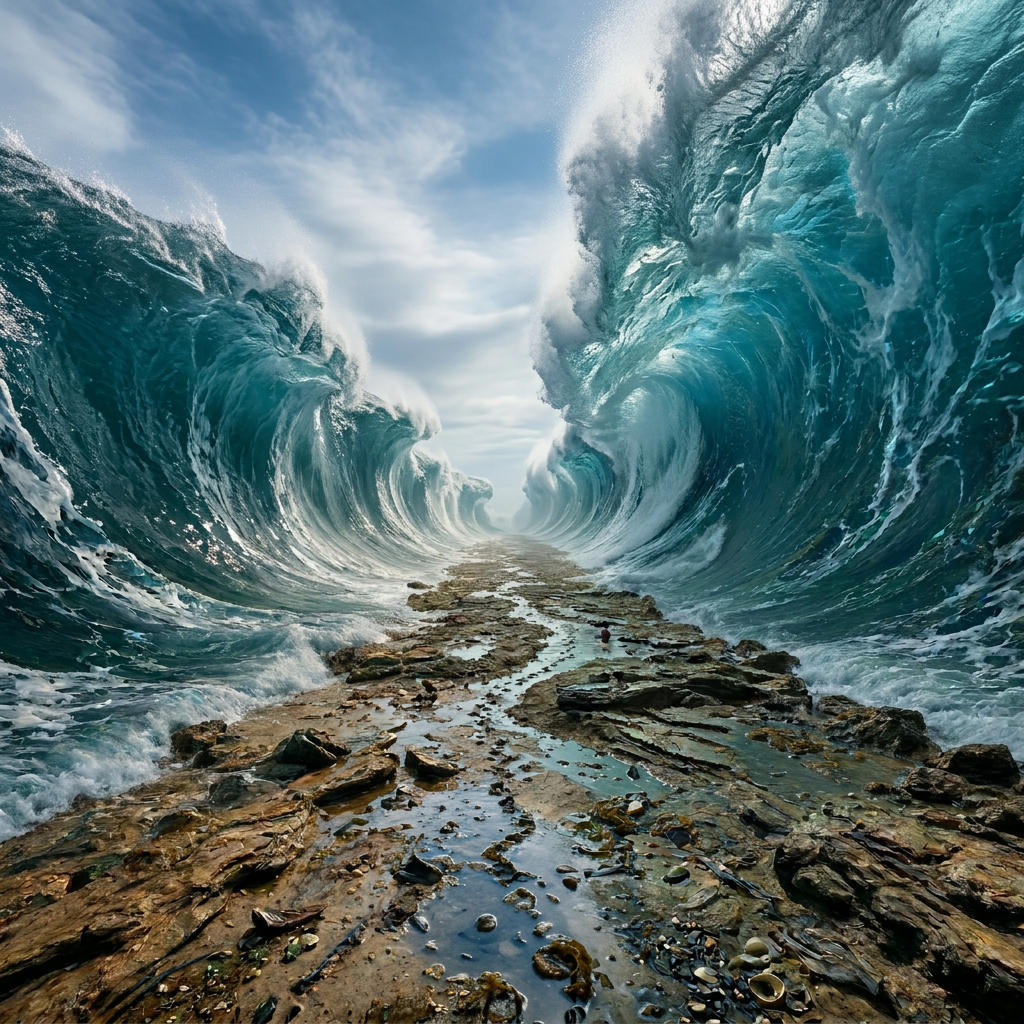 Pathway between massive parted ocean waves with people walking in the distance